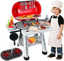 BBQ Grill Playset for Kids Play Kitchen Toys with Food, Smoke, Sound and Light,