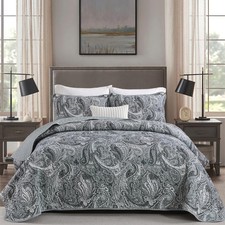 DJY Grey Paisley Quilt Set King Size, Boho Bedspread Coverlet 3 Pieces