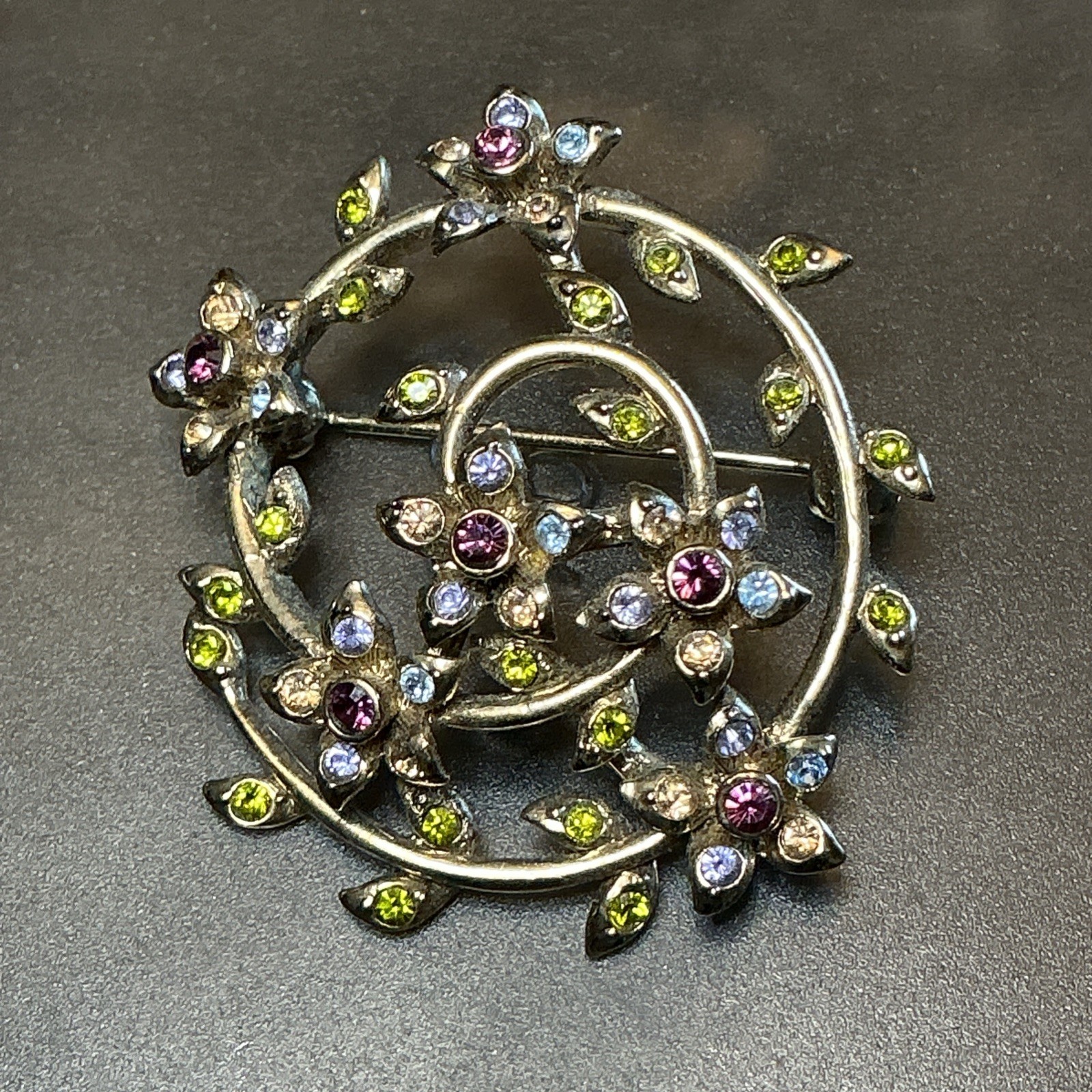 VTG Monet Multi Color Rhinestone Flower Swirl Circle Pin Brooch Ships Free