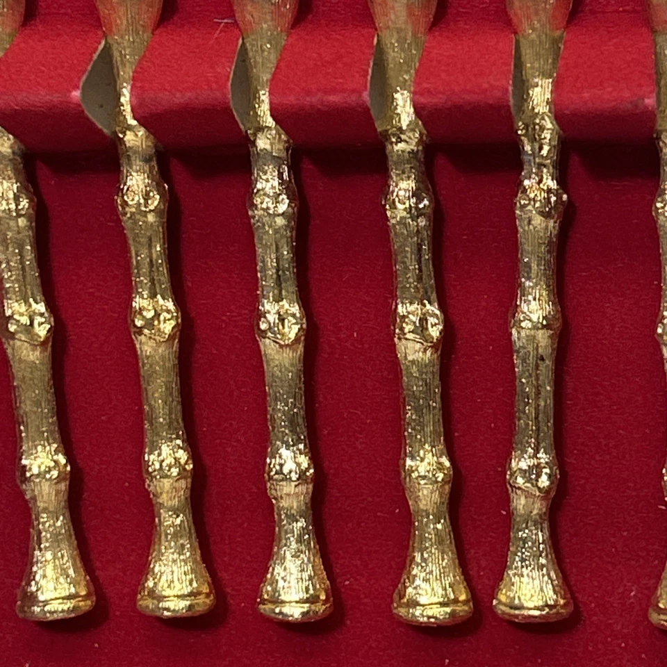 24-kt. Mini colheres folheadas a ouro - Conjunto de alças padrão bambu 6 modernas meados do século - Imagem 2 de 4