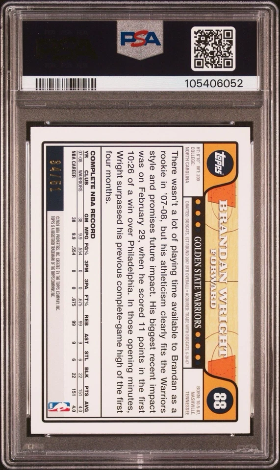 2008 Topps Black Brandan Wright /51 PSA 6 EX-MT Warriors #88 Rare SSP  - Image 2 of 2