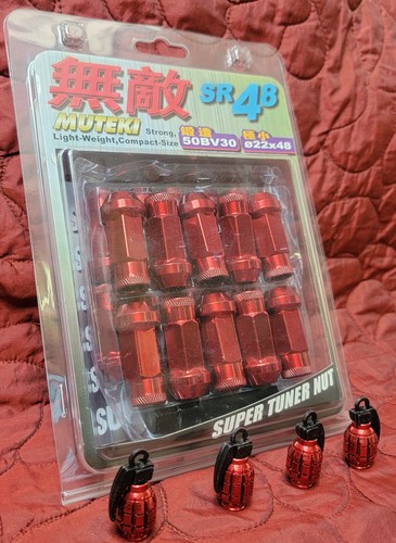 Muteki RED SR48 Tuner Lugs Kit Extended 12X1.5 Lug Nuts Valve Stem Grenade Caps - Picture 2 of 5