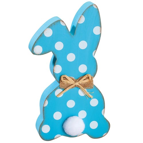 Blue Polka Dot Wooden Easter Bunny Rabbit Tabletop Figurine Spring Home Decor - Picture 4 of 4