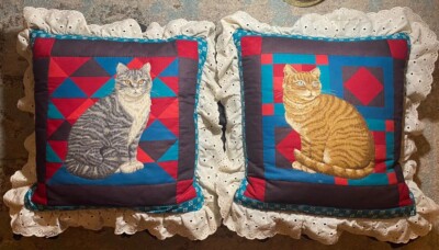 2 Vtg MCM Tabby Cat Throw Pillows Covers Great Condition W Pillows Handmade