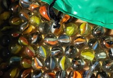 Vintage Bag Of 75 Cat's Eye Marbles in Original Green Vinyl Bag Made in Taiwan