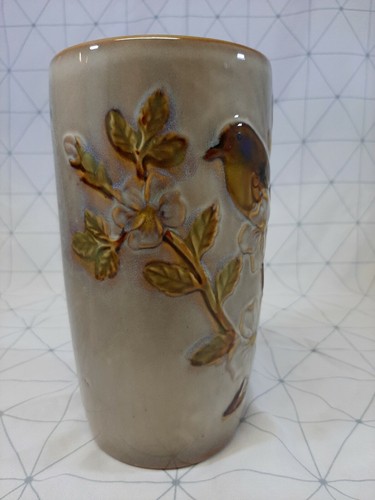 burton + BURTON Pottery Vase Blue Bird Resting On Flower Stem b+B tan to brown - Picture 2 of 11