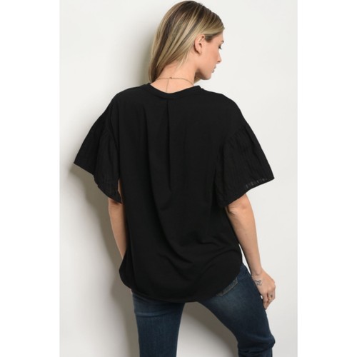 Black Eyelet Ruffle Short Sleeve Tee, Cotton blend, Medium - Picture 3 of 9