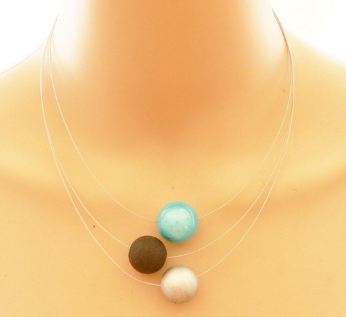 3 reihiges Collier Halskette Perlen schwarz silber Miracle Türkis pastell 154 - Bild 4 von 8