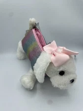 White Dog Glitter Pink Bows Girls Dress Up Plush Purse