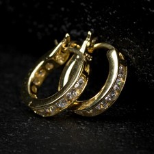 Mens Vermeil Iced One Row Cz Gold Plated Sterling Silver Huggie Hoop Earrings