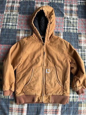 Carhartt Youth Medium 10-12 Brown Heavy Canvas Hooded Quilt Lined