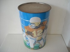 BIDONE POUF LAMIERA DECORATA + COPERCHIO GIOCO RUGBY ANNI '80