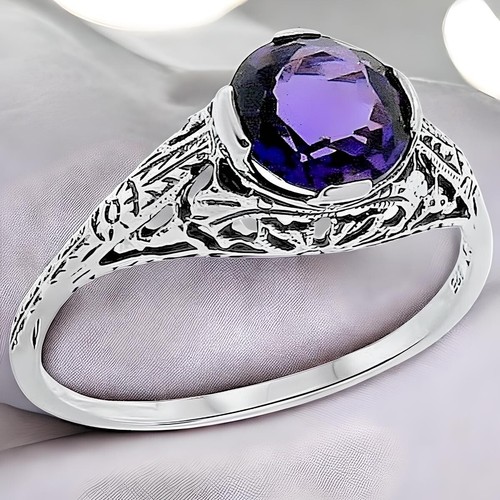 DECO VINTAGE STYLE 925 STERLING SILVER LAB-CREATED AMETHYST FILIGREE RING #167 - Picture 4 of 4