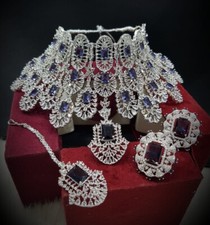 Bollywood indian Silver Plated Ethnic AD CZ Jewelry Earrings Necklace Bridal Set