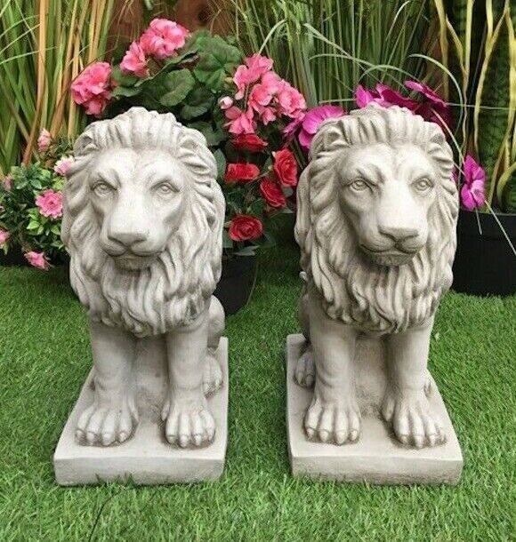 Pair Of Stone Cast Bavarian Lion Garden Ornaments Gate Post 800mm High For - Animal Garden Ornaments Uk Pair Of Stone Cast Bavarian Lion Garden Ornaments Gate Post 800mm High For - Animal Garden Ornaments Uk