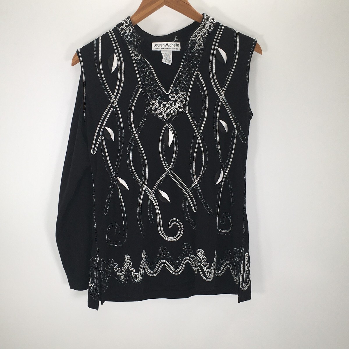 Lauren Michelle Blouse Women's Medium Black V Neck Top Patterned