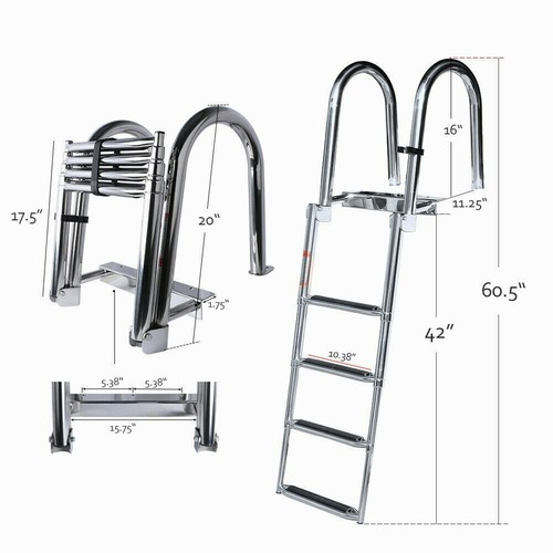 Boat Ladder 4 Steps Stainless Steel Rear Entry Pontoon Folding Ladder Polished - Picture 4 of 8
