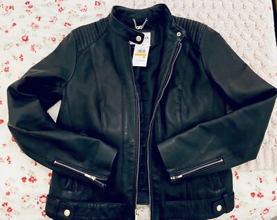 NWT COLE HAAN Quilted Lambskin Leather Moto Jacket Black Women's small  signature