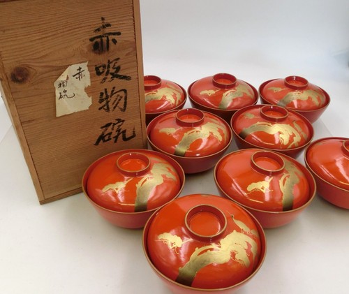 Antique Japanese Wooden Soup bowls Red Lacquer 9-Set Cranes and Pines Wooden Box - Picture 4 of 12