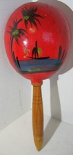 Vintage Single Hand Painted Gourd and Wood Maracas Made in Mexico