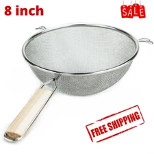 8" Stainless Steel Fine Double Mesh Strainer Colander Sieve Sifter Wooden Handle