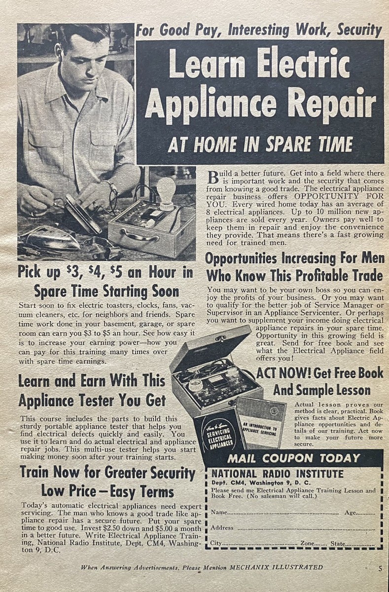 Learn Electric Appliance Repair Career Vintage 1954 Magazine Print 