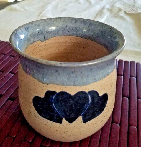 "Anneke" Engraved BLUE HEARTS Earthenware Vase--Dated May 1991 C.E.