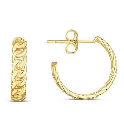 14K Yellow Gold Polished Curb Chain Hoop Earrings with Push Back Clasp  3gr