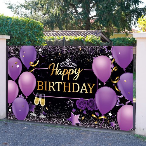 Purple Happy Birthday Banner Party Photography Backdrop for Photo Booth - Picture 4 of 7