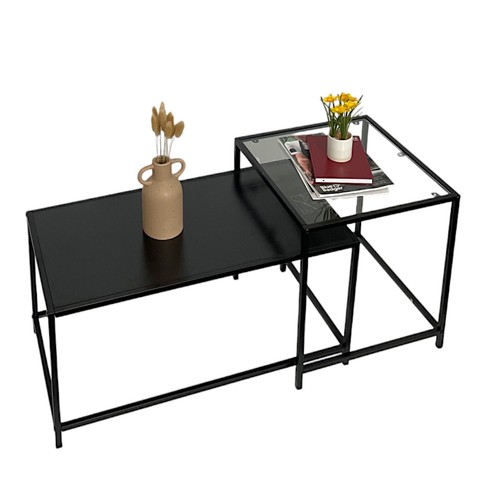 Set Of 2 Coffee Table Black Large Nesting Tables Side Table with Clear Glass Top - Picture 8 of 13