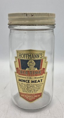Vintage Hoffmann's OLD TIME 1 LB. Mince Meat Advertising Glass Jar with Lid