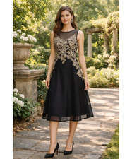 Teri Jon by Rickie Freeman Black  Gold Embroidered Illusion Cocktail Dress 6