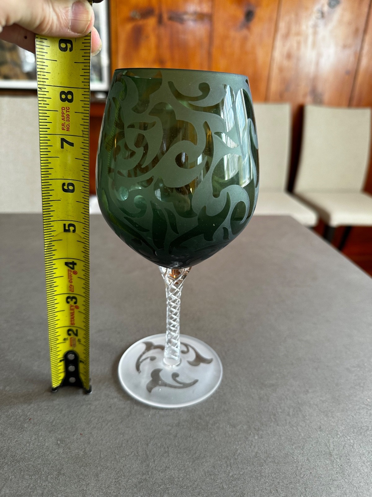 michael weems collection 2002 signed water/wine goblet emerald twist stem 8 5/8"