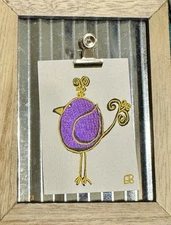 Original Hand-Painted ACEO /Whimsical Purple Shimmering Metallic Bird Miniature.