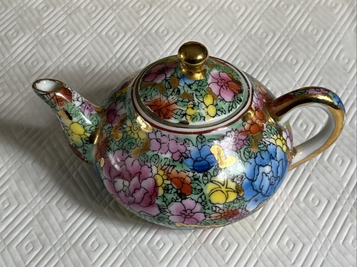 Vintage Miniatur Porzellan Teeservice in Box Floral asiatisch 6 Tassen Teekanne Teller - Bild 2 von 13