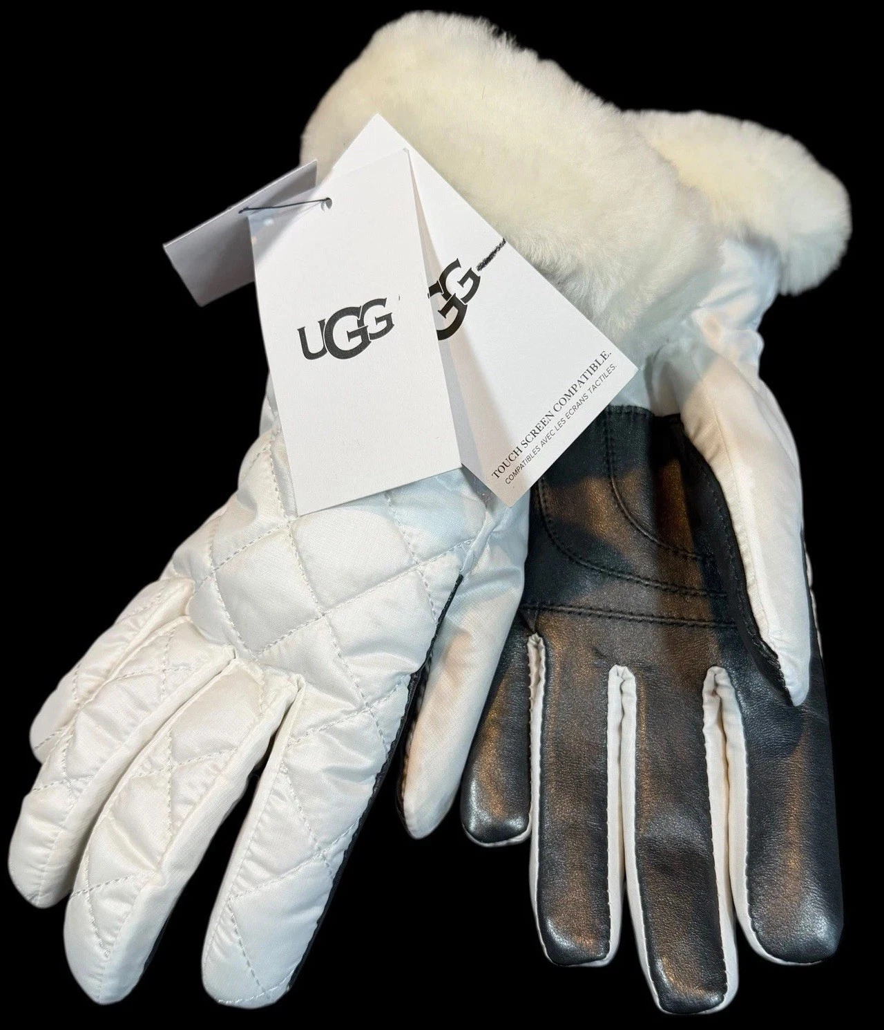 Ugh Quilted Shearling Trim All Weather White Gloves Touch Compatible Size S/M