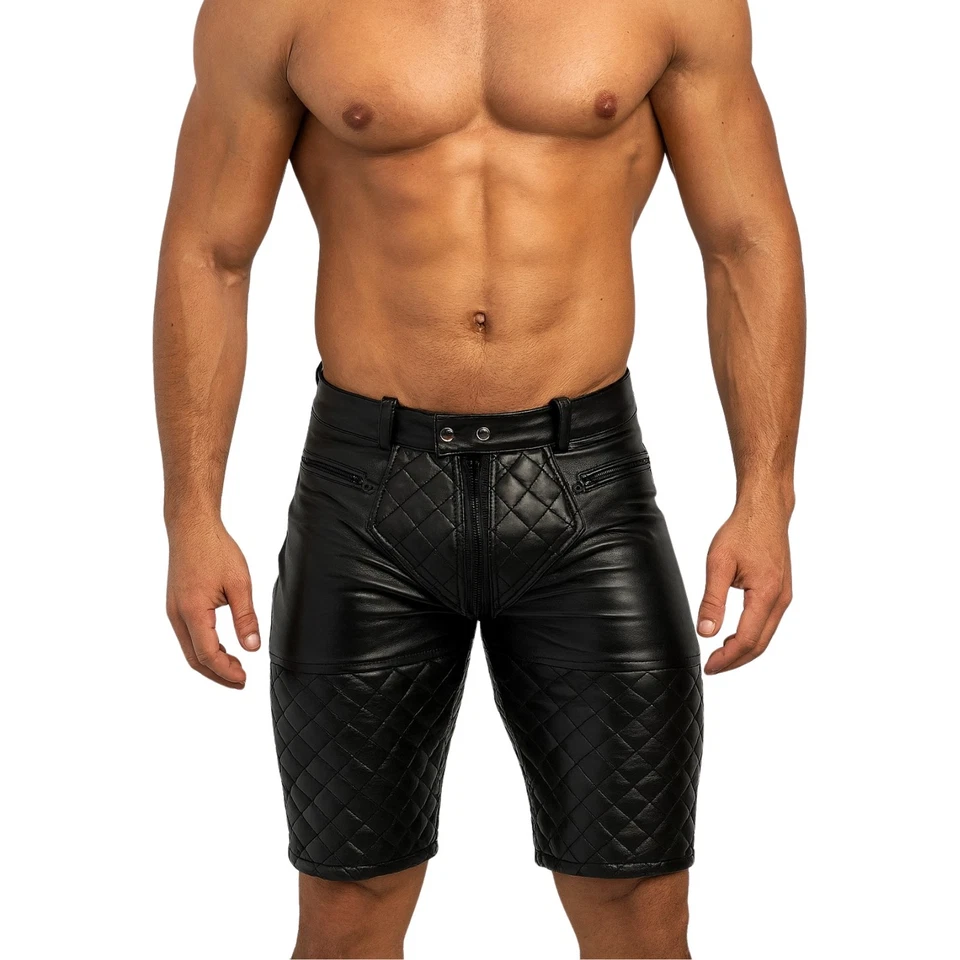Мужские кожаные шорты фетиш гей повседневный мотоциклиста шорты спереди молнии Clubwear - Изображение 2 из 4