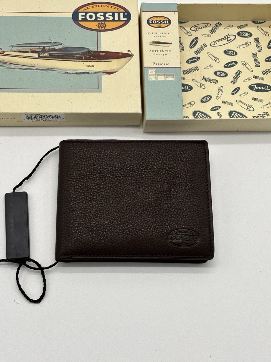 タケP NWT Fossil Brown Leather Passcase Traveler Clear ID Men's Wallet