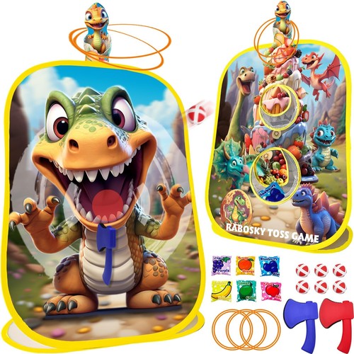 4-in-1 Dinosaur Toss Game for Kids 3-5 4-8 Axe Throwing Ring Toss Bean Bag Co...
