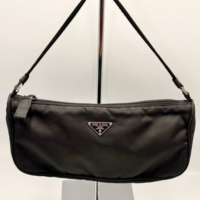 PRADA Mini Classic Handbag Pouch Black with Silver Hardware Women Used Authentic