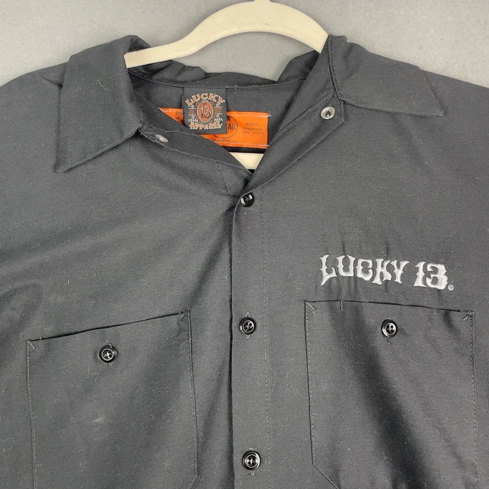 Lucky 13 Shirt Mens Medium RedKap Workwear Button Up Motorcycle Biker Chick - Image 2 of 4