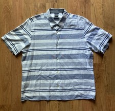 HUGO BOSS Men  s XL Button Up Short Sleeve Blue White Shirt Stripes Regular Fit