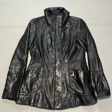 Jones New York Soft Lamb Skin Leather Black Snap Over Emo Coat Jacket-M-3950