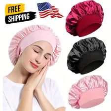 Women Satin Bonnet Night Sleep Cap Hair Hat Silk Head Cover Wide Elastic Band