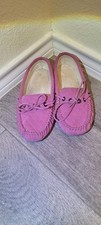 Old Friend Footwear Pink Suede Moccasin Women's Slippers Bow Accent Flat Heel