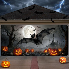 7X16 Ft Halloween Garage Door Decorations Bat Pumpkin Moon Garage Door Cover Ban