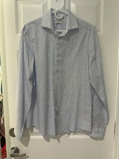 CALVIN KLEIN-Mens Slim Fit Stretch Long Sleeve Light Blue Pattern Dress Shirt M