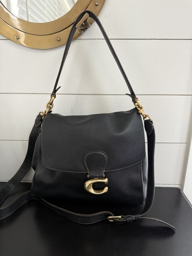 COACH MAY Black Pebble Leather Soft Logo Classic Shoulder Bag Outlet New