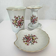Vintage 3-Piece Vanity Bathroom Set   Floral Design with Gold Trim Made in Japan