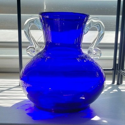 VTG Wanda Poland Hand Blown Art Glass Vase Cobalt Blue Clear Scroll Handles 7''